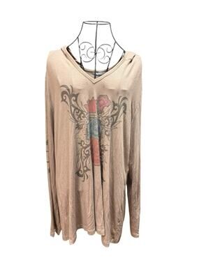 VTG Y2K Nally & Millie Taupe V-Neck Top Floral Crest Graphic 3X